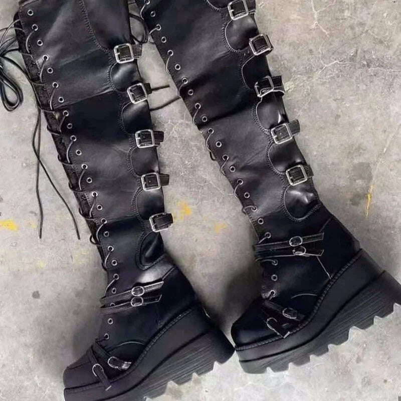 Punk Over-the-knee Boots Women Platform Heels Belt Buckle Boot Motorcycle Goth Shoe Thigh High Flat Boots Plus Size 42 43 - KIMLUD