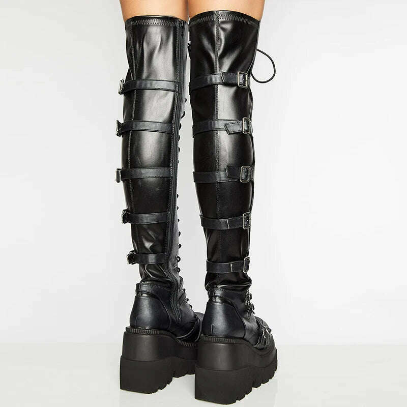 Punk Over-the-knee Boots Women Platform Heels Belt Buckle Boot Motorcycle Goth Shoe Thigh High Flat Boots Plus Size 42 43 - KIMLUD
