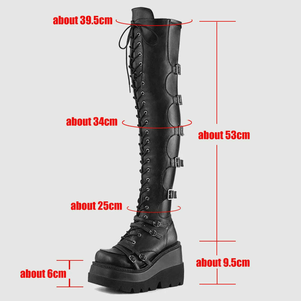 Punk Over-the-knee Boots Women Platform Heels Belt Buckle Boot Motorcycle Goth Shoe Thigh High Flat Boots Plus Size 42 43 - KIMLUD
