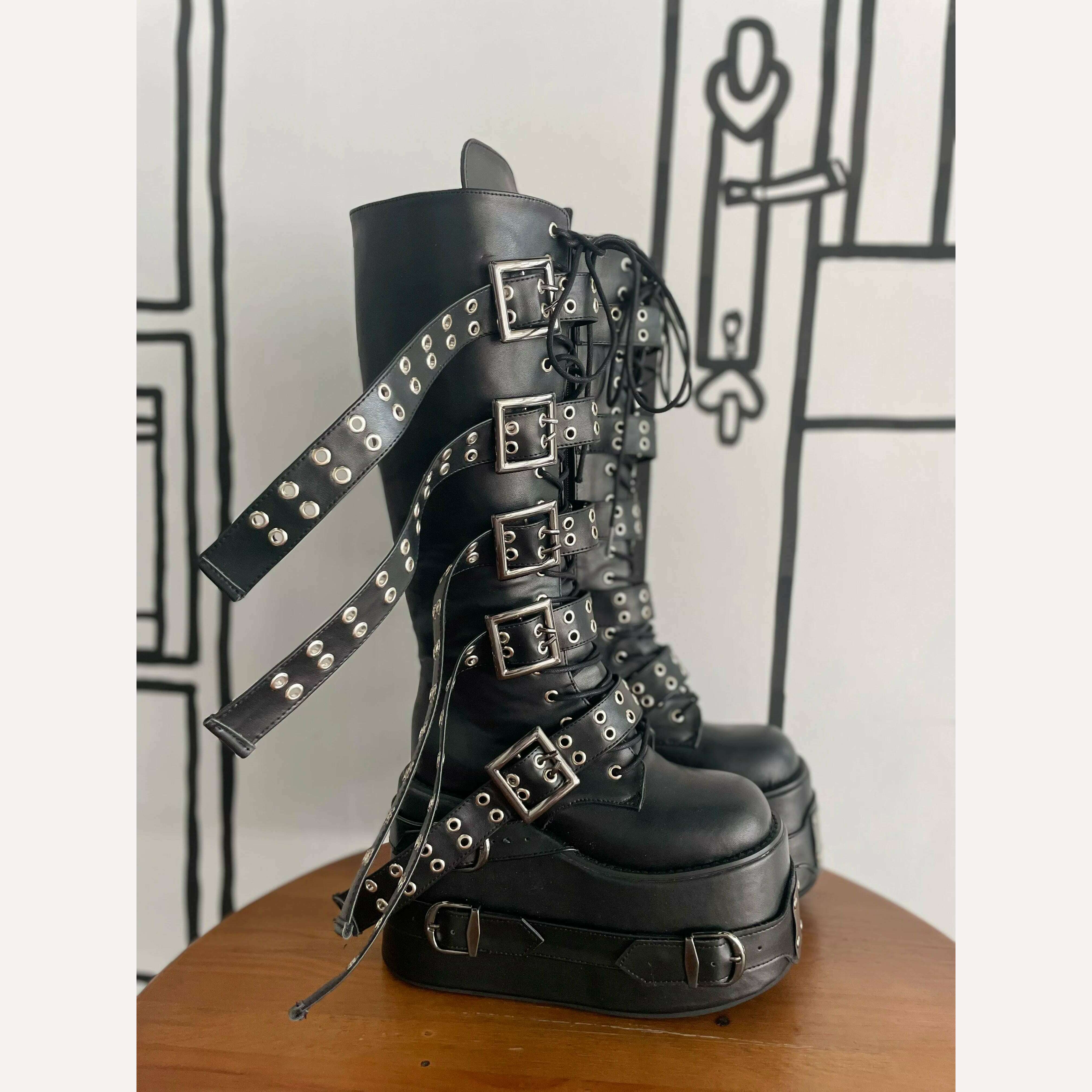 KIMLUD, Punk Platform Knee-high boots Long Belt Buckle High Heels Wedges Metal Sheet Round Toe Lace Up Zip Boots Woman Man Gothic Shoes, KIMLUD Women's Clothes