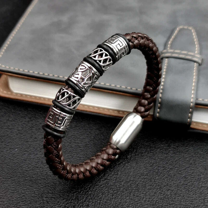KIMLUD, Punk Style Coffee Leather Bracelet 316L Stainless Steel 5 Viking Bead Bracelet Powerful Magnet Clasp 4 Color Friend Gifts, KIMLUD Womens Clothes