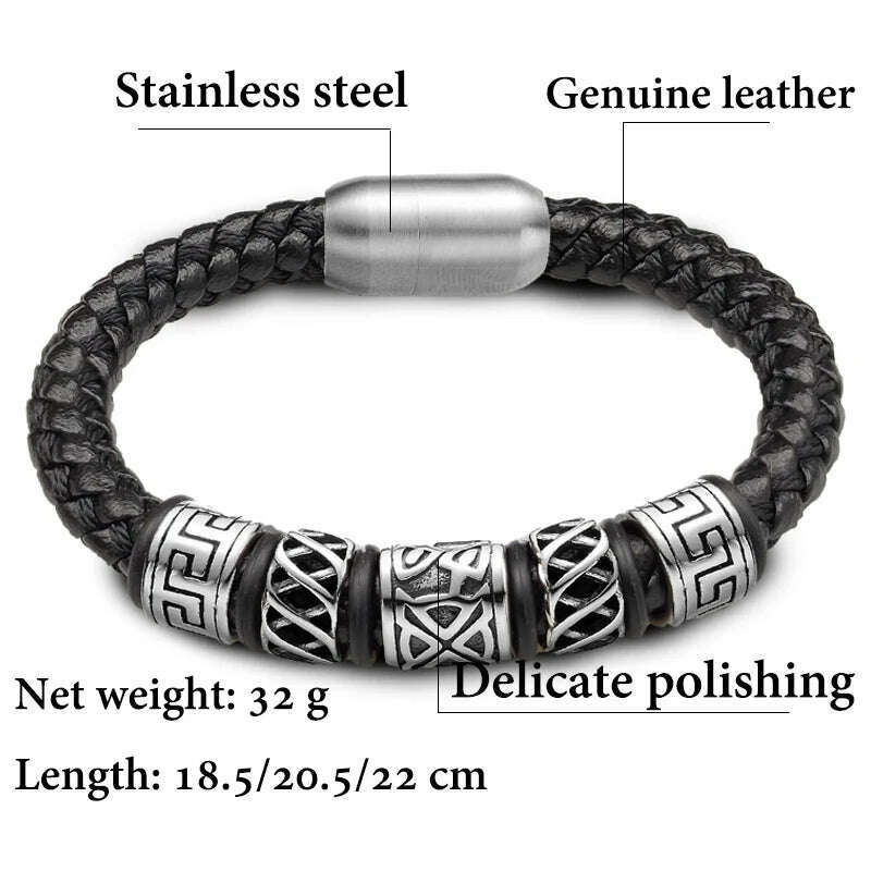 Punk Style Coffee Leather Bracelet 316L Stainless Steel 5 Viking Bead Bracelet Powerful Magnet Clasp 4 Color Friend Gifts - KIMLUD