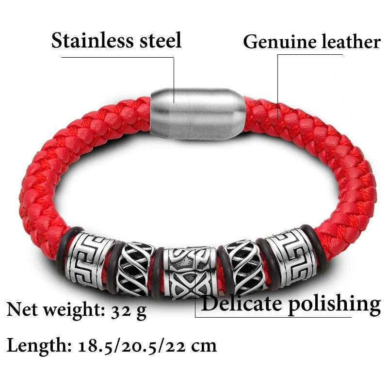 Punk Style Coffee Leather Bracelet 316L Stainless Steel 5 Viking Bead Bracelet Powerful Magnet Clasp 4 Color Friend Gifts - KIMLUD