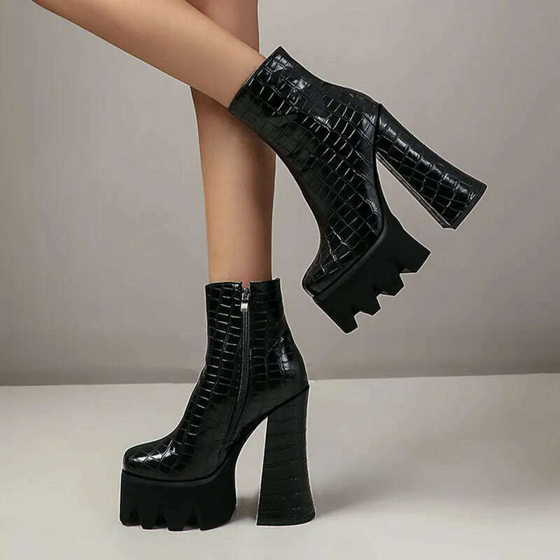 KIMLUD, Punk Style Thick Soled Women Boots with Zipper 15CM Ultra High Thick Heel Motorcycle Boots Autumn and Winter Ladies Ankle Boots, KIMLUD Womens Clothes