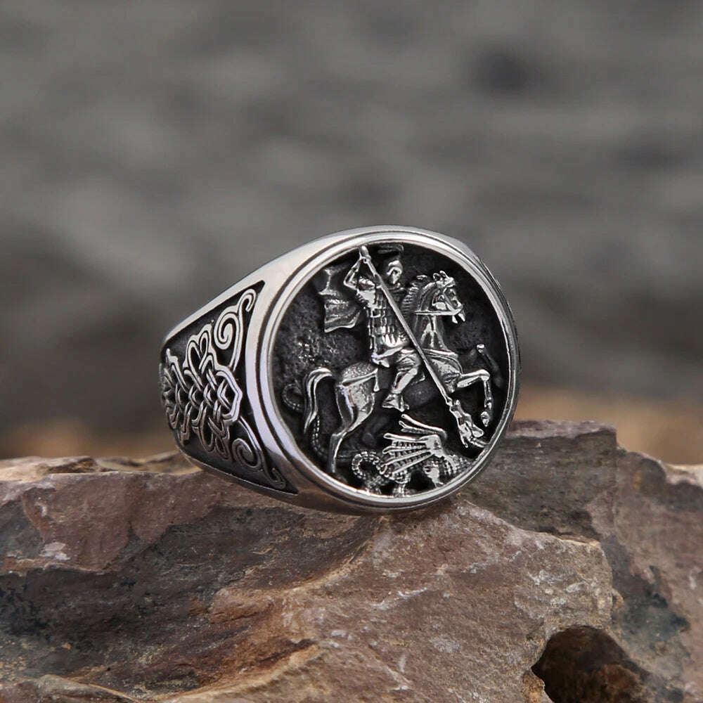KIMLUD, Punk Vintage Knight Riding Ring For Men Boys Gothic 316L Stainless Steel Viking Celtic knot Rings Fashion Jewelry Gift Wholesale, KIMLUD Womens Clothes