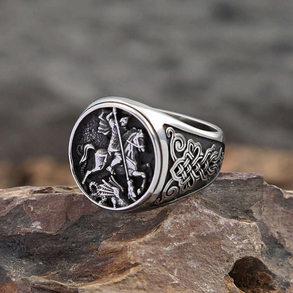 KIMLUD, Punk Vintage Knight Riding Ring For Men Boys Gothic 316L Stainless Steel Viking Celtic knot Rings Fashion Jewelry Gift Wholesale, KIMLUD Womens Clothes