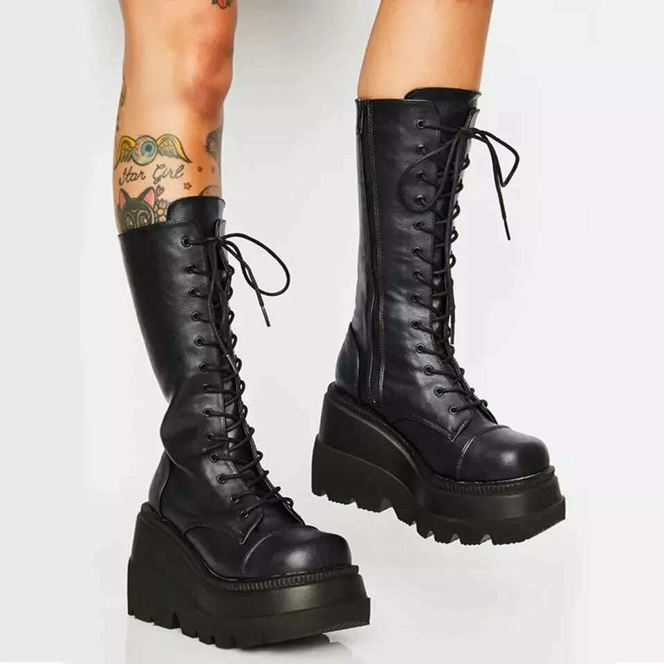 KIMLUD, Punk Women Platform Boots Elastic Microfiber Chunky Heel Mid-calf Ladies Boots 2023 Spring Autumn Brand Black Goth Women Shoes, KIMLUD Women's Clothes