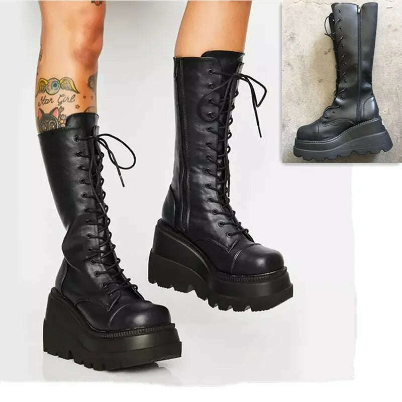 KIMLUD, Punk Women Platform Boots Elastic Microfiber Chunky Heel Mid-calf Ladies Boots 2023 Spring Autumn Brand Black Goth Women Shoes, Black-A / 35, KIMLUD Womens Clothes
