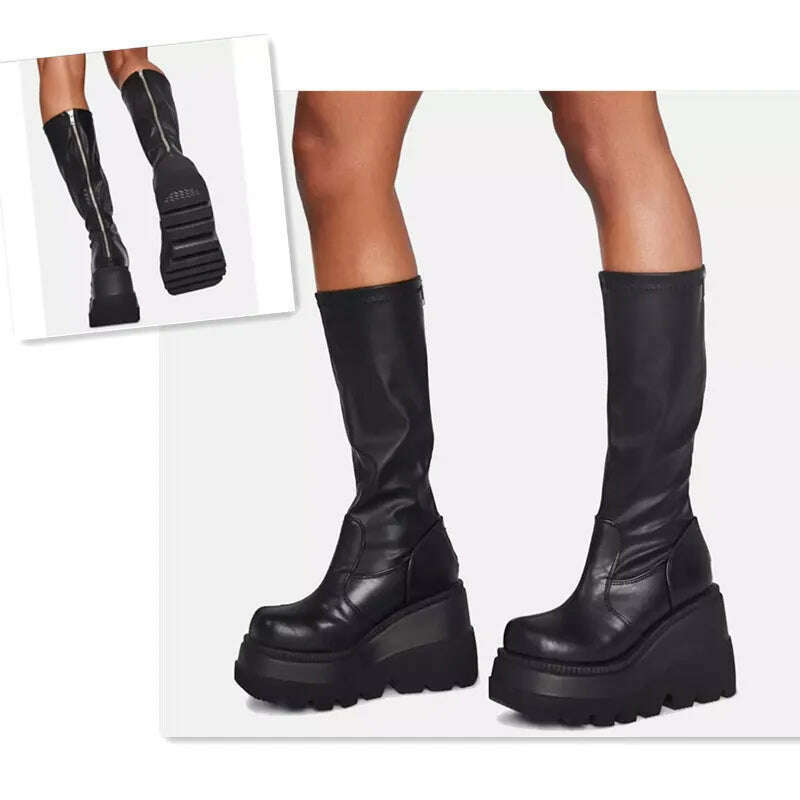 KIMLUD, Punk Women Platform Boots Elastic Microfiber Chunky Heel Mid-calf Ladies Boots 2023 Spring Autumn Brand Black Goth Women Shoes, Black-B / 35, KIMLUD Womens Clothes