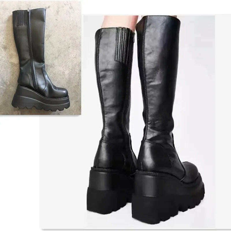 KIMLUD, Punk Women Platform Boots Elastic Microfiber Chunky Heel Mid-calf Ladies Boots 2023 Spring Autumn Brand Black Goth Women Shoes, Black-C / 35, KIMLUD Womens Clothes