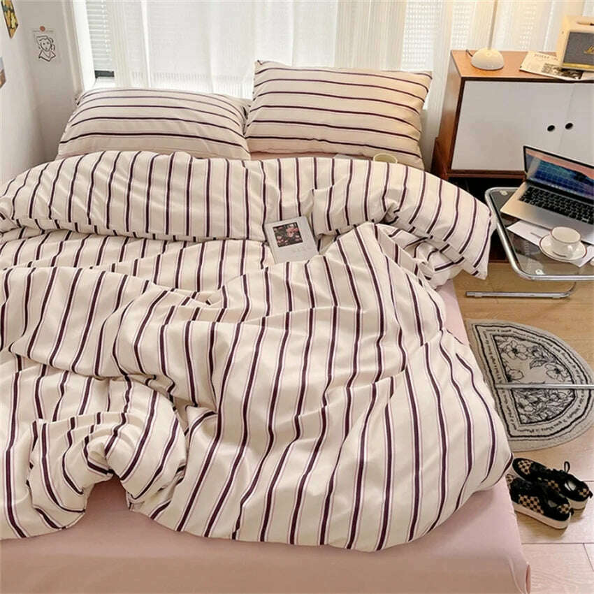 Pure Cotton Home Textile Blue Striped Bedding Set Simple Soft Duvet Cover Sheet Pillowcase Ins Style Bed Linens Queen King Size - KIMLUD
