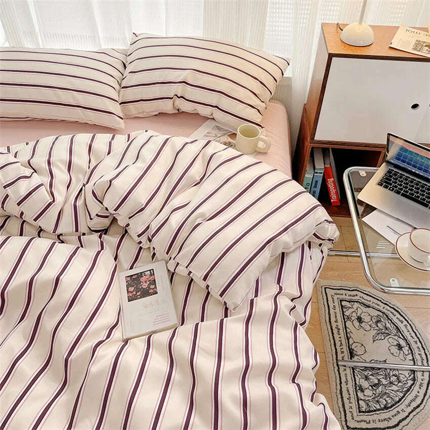 Pure Cotton Home Textile Blue Striped Bedding Set Simple Soft Duvet Cover Sheet Pillowcase Ins Style Bed Linens Queen King Size - KIMLUD