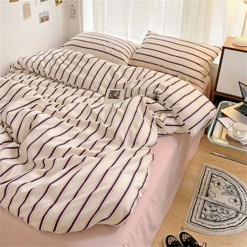 Pure Cotton Home Textile Blue Striped Bedding Set Simple Soft Duvet Cover Sheet Pillowcase Ins Style Bed Linens Queen King Size - KIMLUD