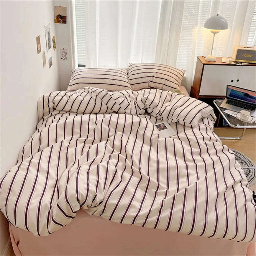 Pure Cotton Home Textile Blue Striped Bedding Set Simple Soft Duvet Cover Sheet Pillowcase Ins Style Bed Linens Queen King Size - KIMLUD