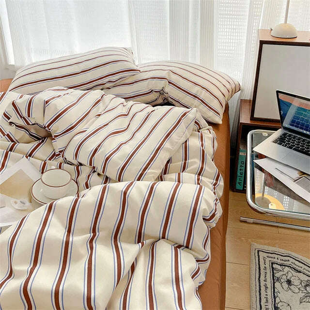 Pure Cotton Home Textile Blue Striped Bedding Set Simple Soft Duvet Cover Sheet Pillowcase Ins Style Bed Linens Queen King Size - KIMLUD