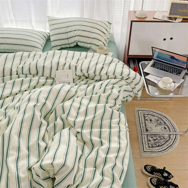 Pure Cotton Home Textile Blue Striped Bedding Set Simple Soft Duvet Cover Sheet Pillowcase Ins Style Bed Linens Queen King Size - KIMLUD