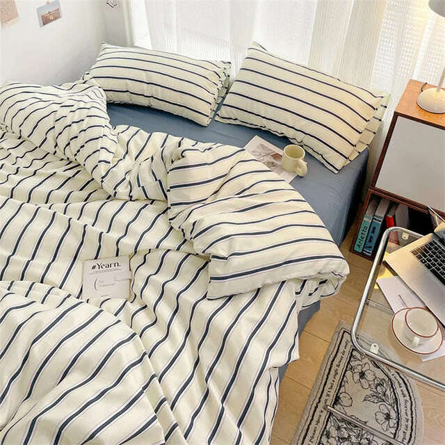 Pure Cotton Home Textile Blue Striped Bedding Set Simple Soft Duvet Cover Sheet Pillowcase Ins Style Bed Linens Queen King Size - KIMLUD