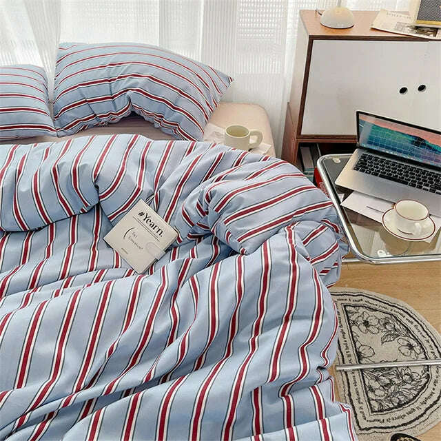 Pure Cotton Home Textile Blue Striped Bedding Set Simple Soft Duvet Cover Sheet Pillowcase Ins Style Bed Linens Queen King Size - KIMLUD