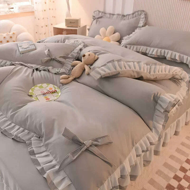 Purple Bedding Sets Kawaii Seersucker Bed Sheet Pillowcase Fashion Girl Princess Duvet Cover 4 Pieces Cute Home Decoration - KIMLUD