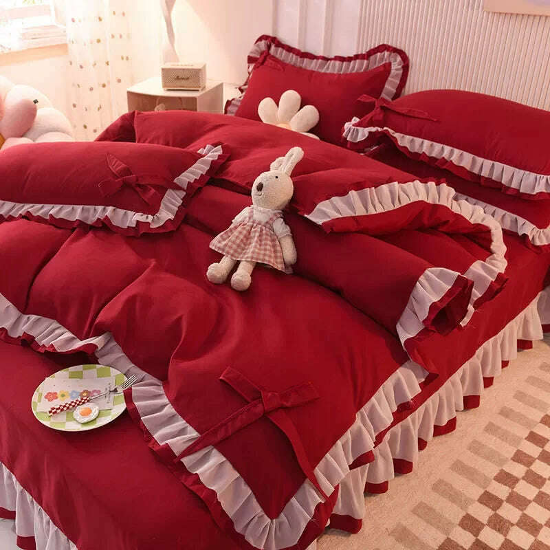Purple Bedding Sets Kawaii Seersucker Bed Sheet Pillowcase Fashion Girl Princess Duvet Cover 4 Pieces Cute Home Decoration - KIMLUD