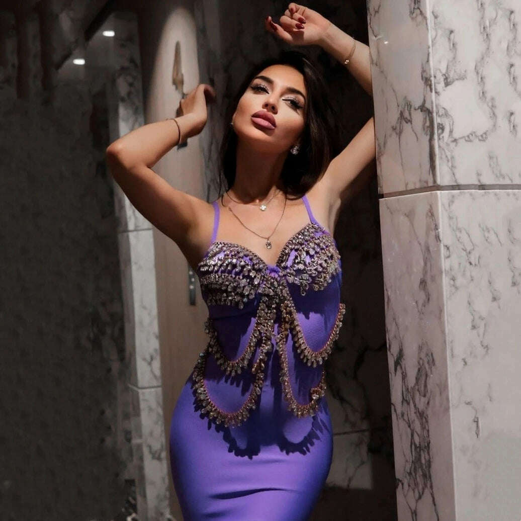 KIMLUD, Purple Black Beige Women Sexy Shinning Crystal Sexy V-Neck Bodycon Mini Bandage Dress Fashion Celebrate Evening Party Dress, KIMLUD Womens Clothes