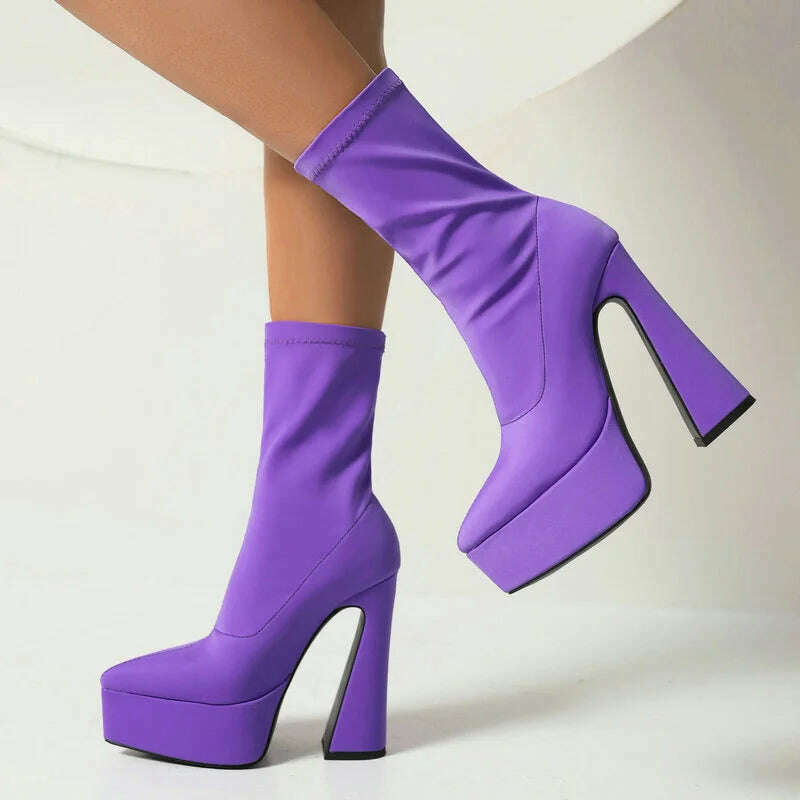 KIMLUD, Purple Blue Rose Red Black Women Ankle Boots Platform Square High Heel Ladies Short Boots Elastic Fabric Pointed Toe Dress Shoes, Purple / 5, KIMLUD Women's Clothes