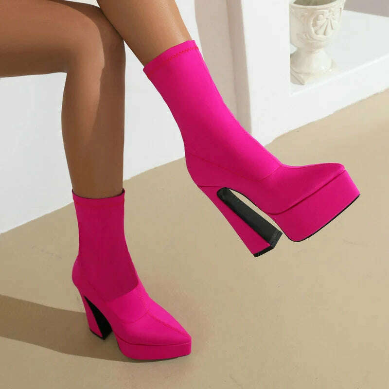 KIMLUD, Purple Blue Rose Red Black Women Ankle Boots Platform Square High Heel Ladies Short Boots Elastic Fabric Pointed Toe Dress Shoes, Rosy Red / 5, KIMLUD Women's Clothes