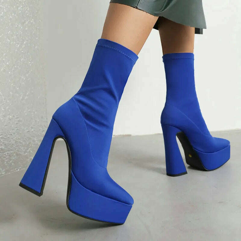 KIMLUD, Purple Blue Rose Red Black Women Ankle Boots Platform Square High Heel Ladies Short Boots Elastic Fabric Pointed Toe Dress Shoes, Blue / 5, KIMLUD Women's Clothes