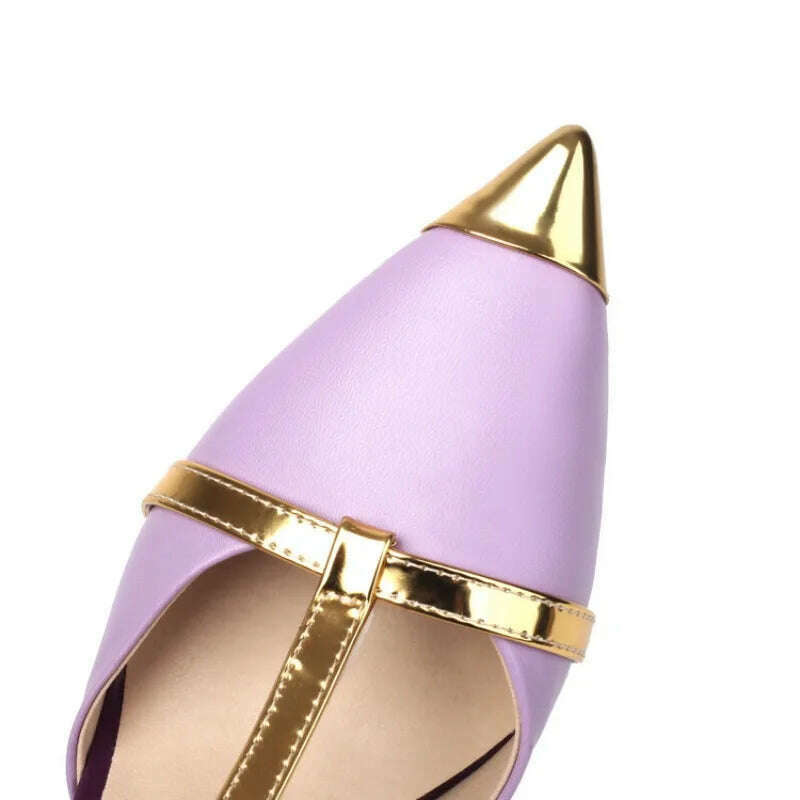 Purple Metal Patchwork Sandals Bow Sexy Pointed 10cm Slim Heel Banquet Sandals Fashion White Birthday Party Women's Shoes 34-48 - KIMLUD