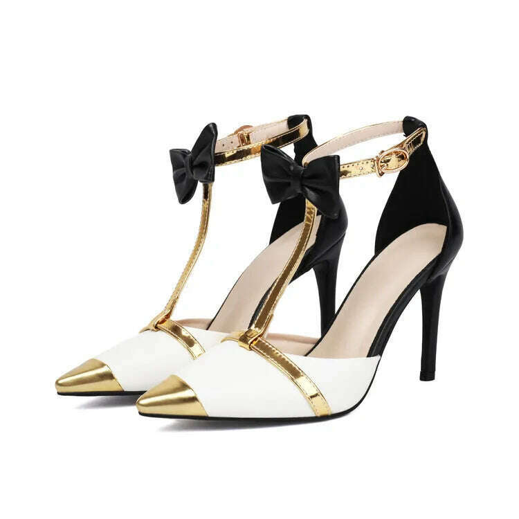 Purple Metal Patchwork Sandals Bow Sexy Pointed 10cm Slim Heel Banquet Sandals Fashion White Birthday Party Women's Shoes 34-48 - KIMLUD