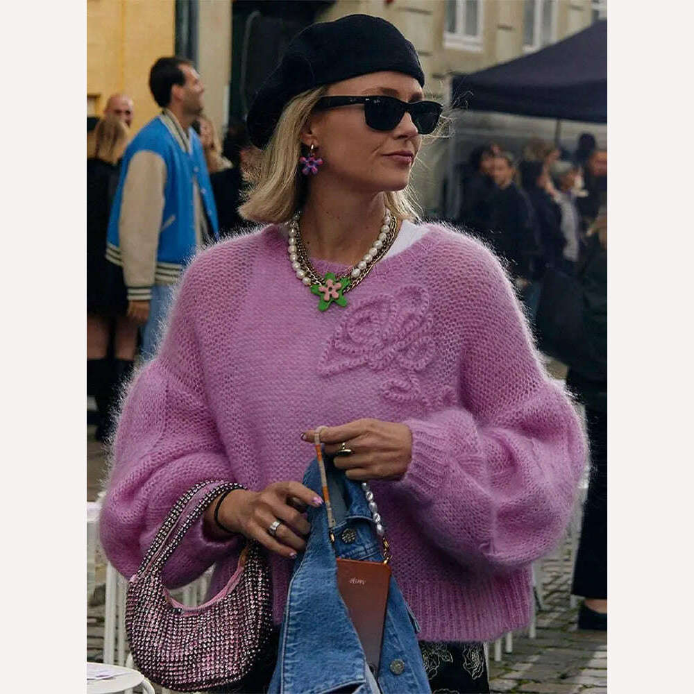 KIMLUD, Purple Mohair Cashmere Knitted Pullover Loose Women Long Sleeve Drop Shoulder Crop Top Sweater 2023 Autumn Chic Casual Knitwears, Purple / S, KIMLUD APPAREL - Womens Clothes