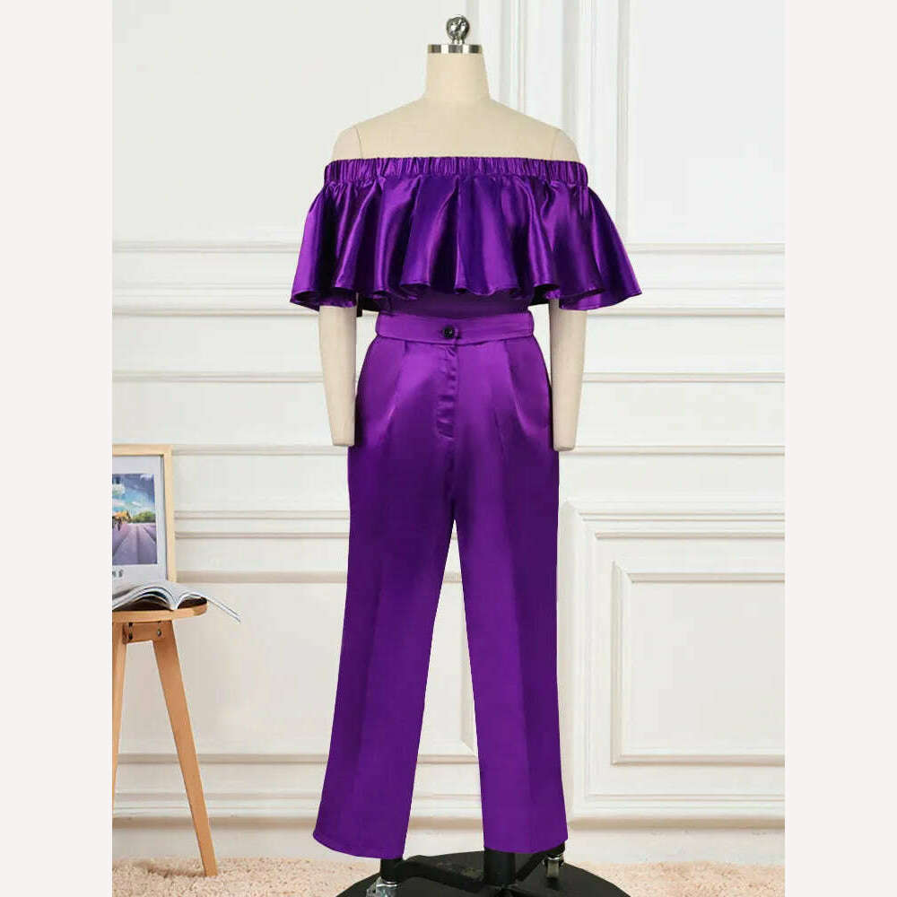 KIMLUD, Purple Two Piece Set Women Off Shoulder Crop Tops with High Waist Pants for Ladeis Office Work Daily Evening Party Pants Sets, KIMLUD Womens Clothes