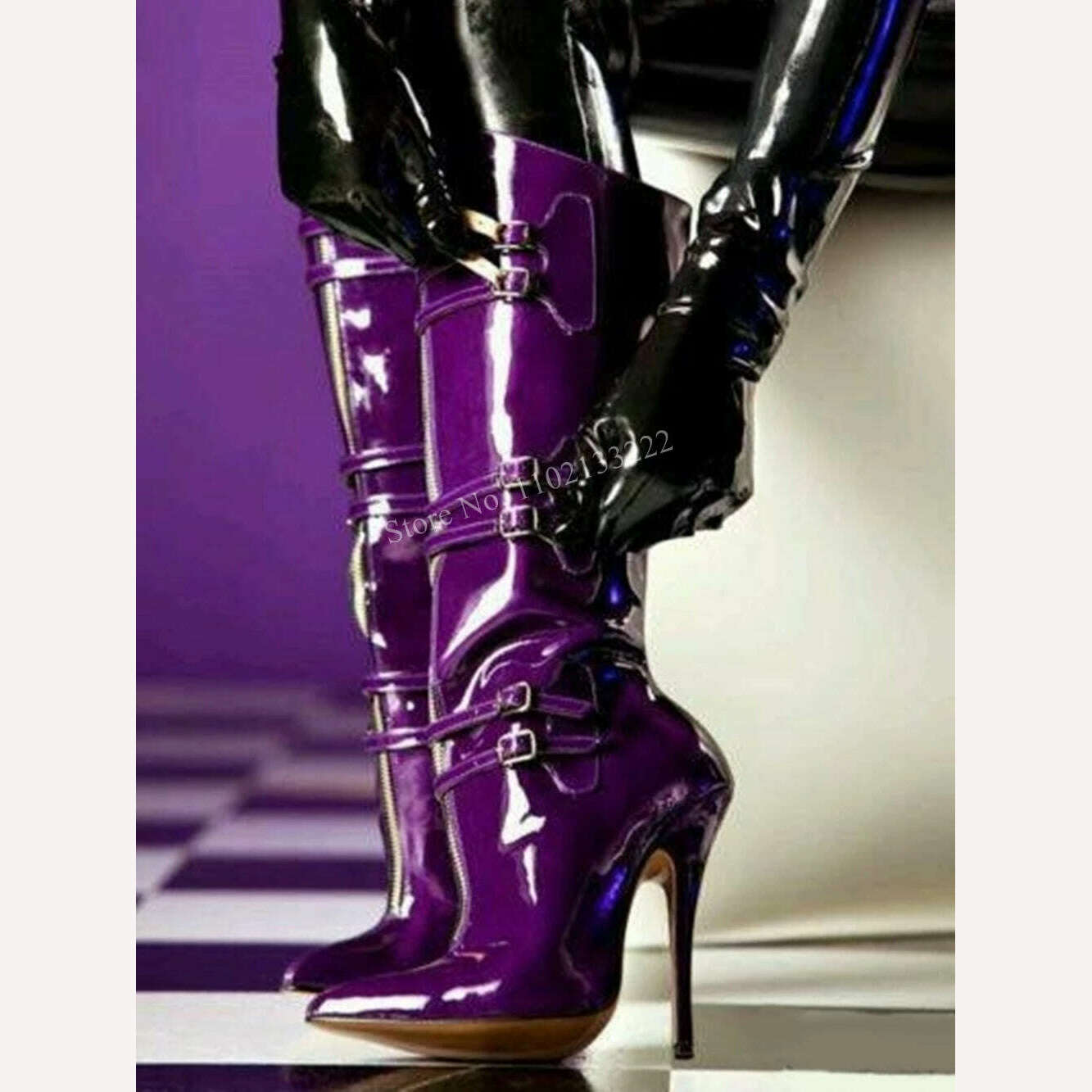 KIMLUD, Purple Zipper Mid Calf Boots Women's Solid Free Shipping Pointed Toe Super Thin High Heel Fashion Show Party Elegant Shoes, Purple / 35, KIMLUD Womens Clothes