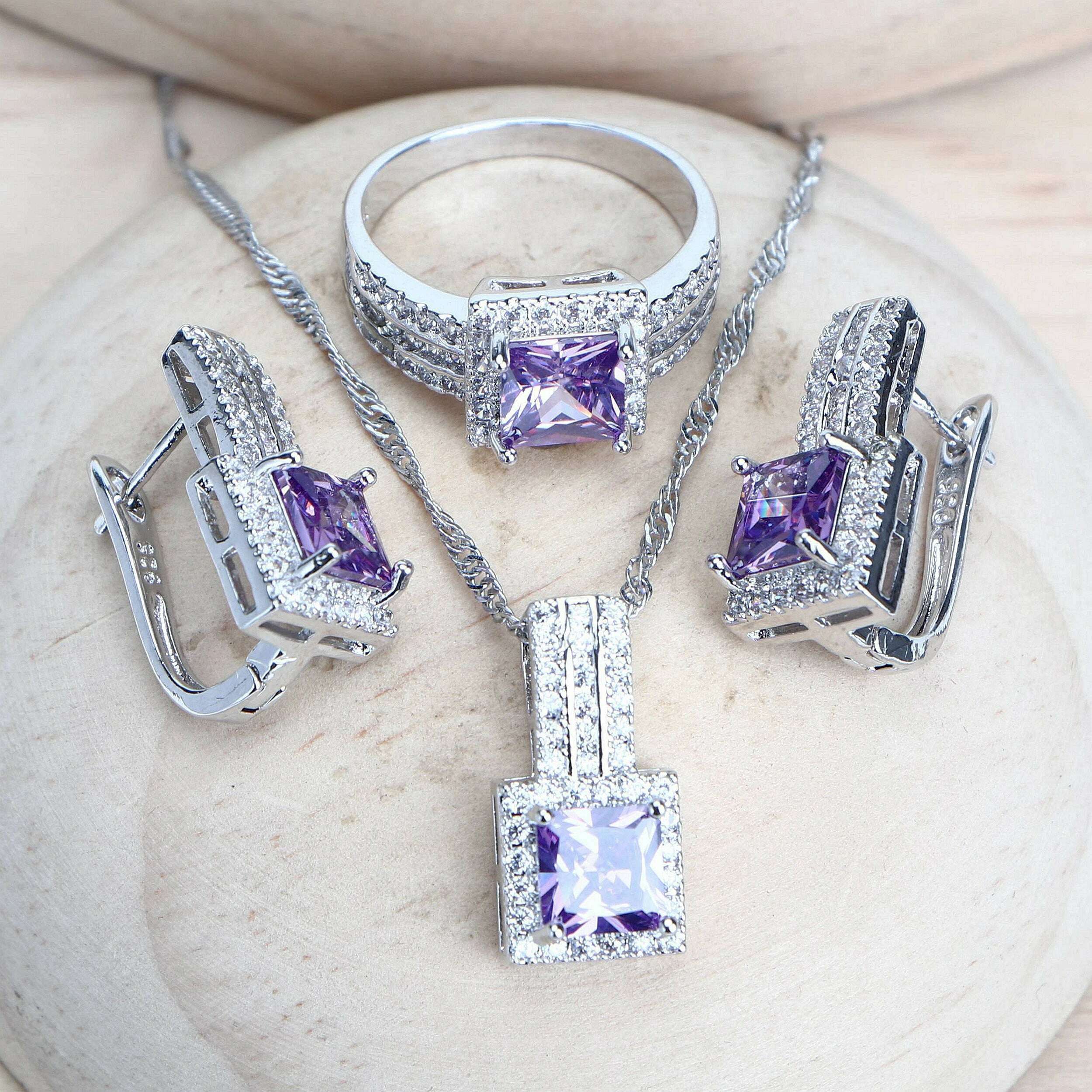 Purple Zirconia Women Bridal Jewelry Sets Silver 925 Fine Costume Jewellery Wedding Earrings Rings Bracelets Pendant Necklace - KIMLUD