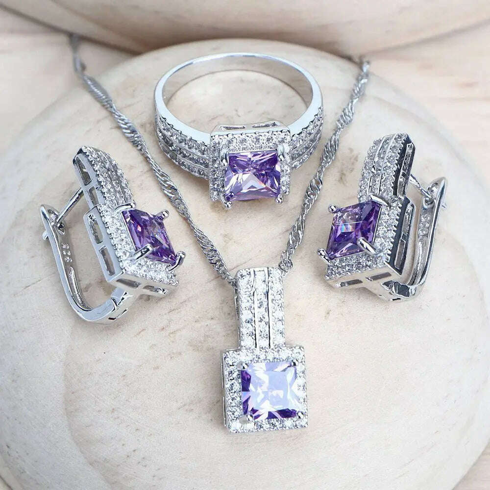 Purple Zirconia Women Bridal Jewelry Sets Silver 925 Fine Costume Jewellery Wedding Earrings Rings Bracelets Pendant Necklace - KIMLUD