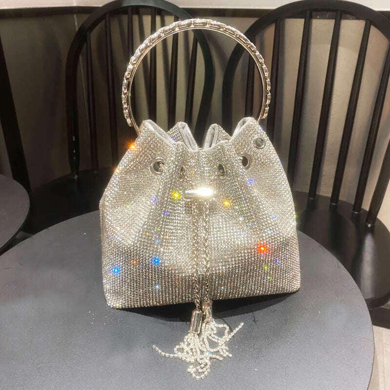 KIMLUD, purses and handbags bags for women luxury Designer bucket clutch purse evening banquet bag Crystal rhinestone shoulder bag, silver big 19cm, KIMLUD Womens Clothes