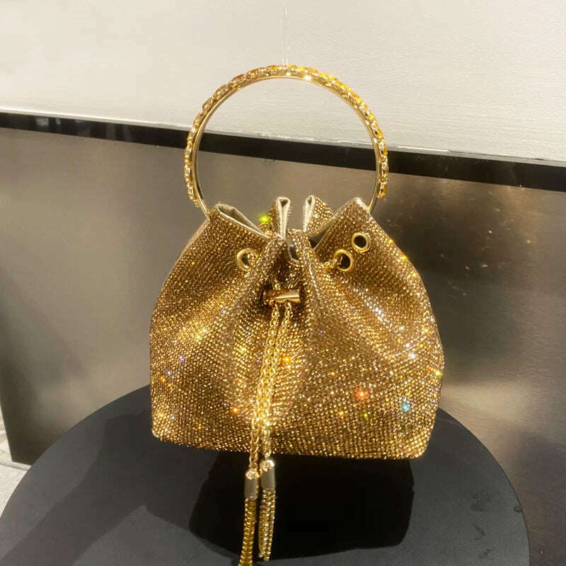KIMLUD, purses and handbags bags for women luxury Designer bucket clutch purse evening banquet bag Crystal rhinestone shoulder bag, gold big 19cm, KIMLUD Womens Clothes
