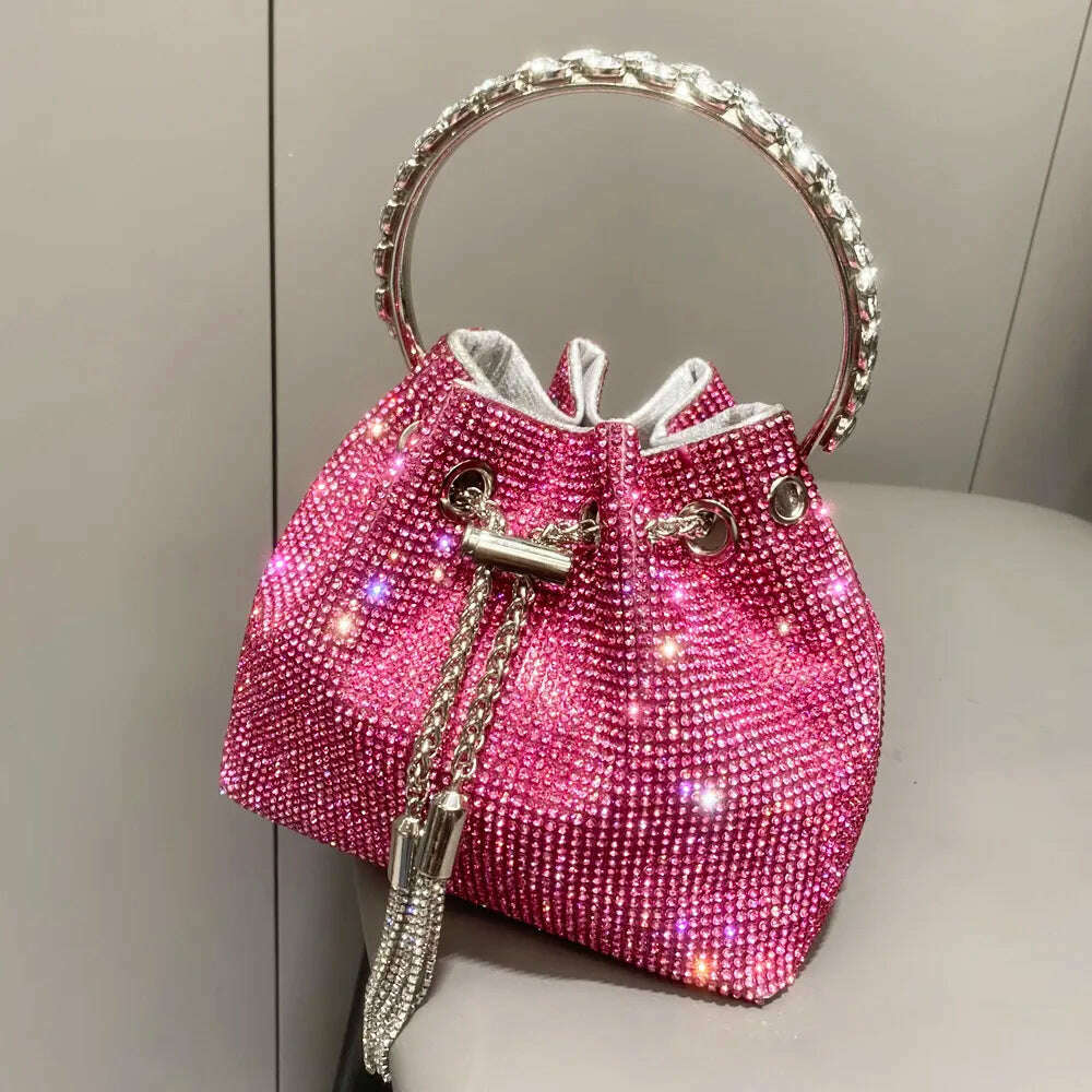 KIMLUD, purses and handbags bags for women luxury Designer bucket clutch purse evening banquet bag Crystal rhinestone shoulder bags, Rose red medium, KIMLUD Womens Clothes