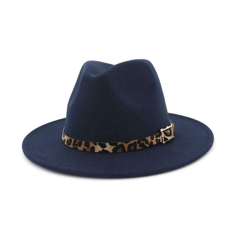 KIMLUD, QBHAT Leopard Grain Leather Decor Handmade Wide Brim Wool Felt Fedora Hats Caps Men Women Jazz Panama Cap Trilby Sombrero, navy / 55to58cm, KIMLUD Womens Clothes