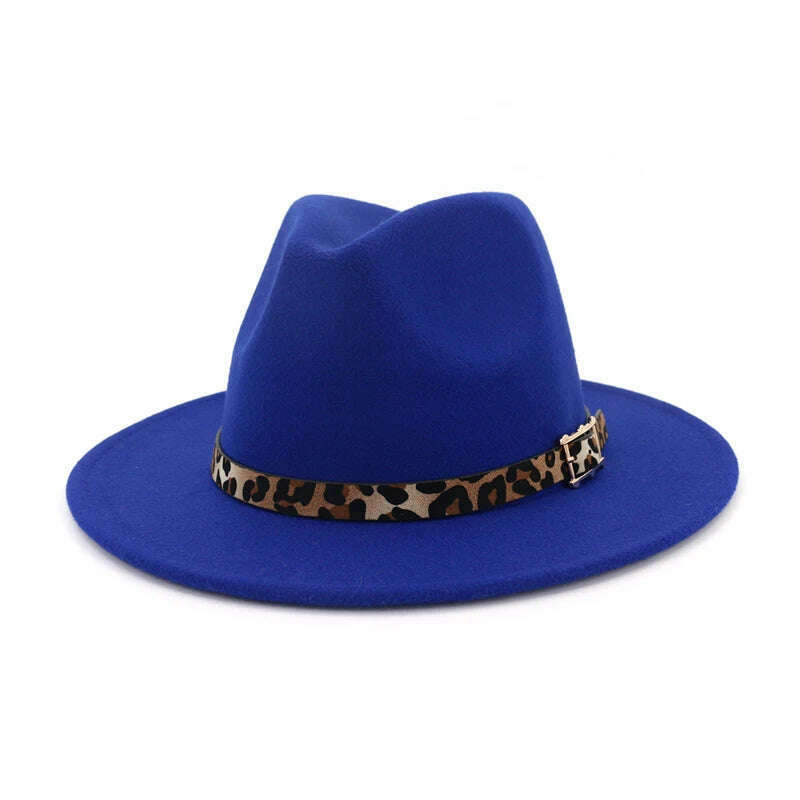 KIMLUD, QBHAT Leopard Grain Leather Decor Handmade Wide Brim Wool Felt Fedora Hats Caps Men Women Jazz Panama Cap Trilby Sombrero, Royalblue / 55to58cm, KIMLUD Womens Clothes