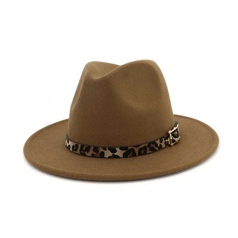 KIMLUD, QBHAT Leopard Grain Leather Decor Handmade Wide Brim Wool Felt Fedora Hats Caps Men Women Jazz Panama Cap Trilby Sombrero, light coffee / 55to58cm, KIMLUD Womens Clothes