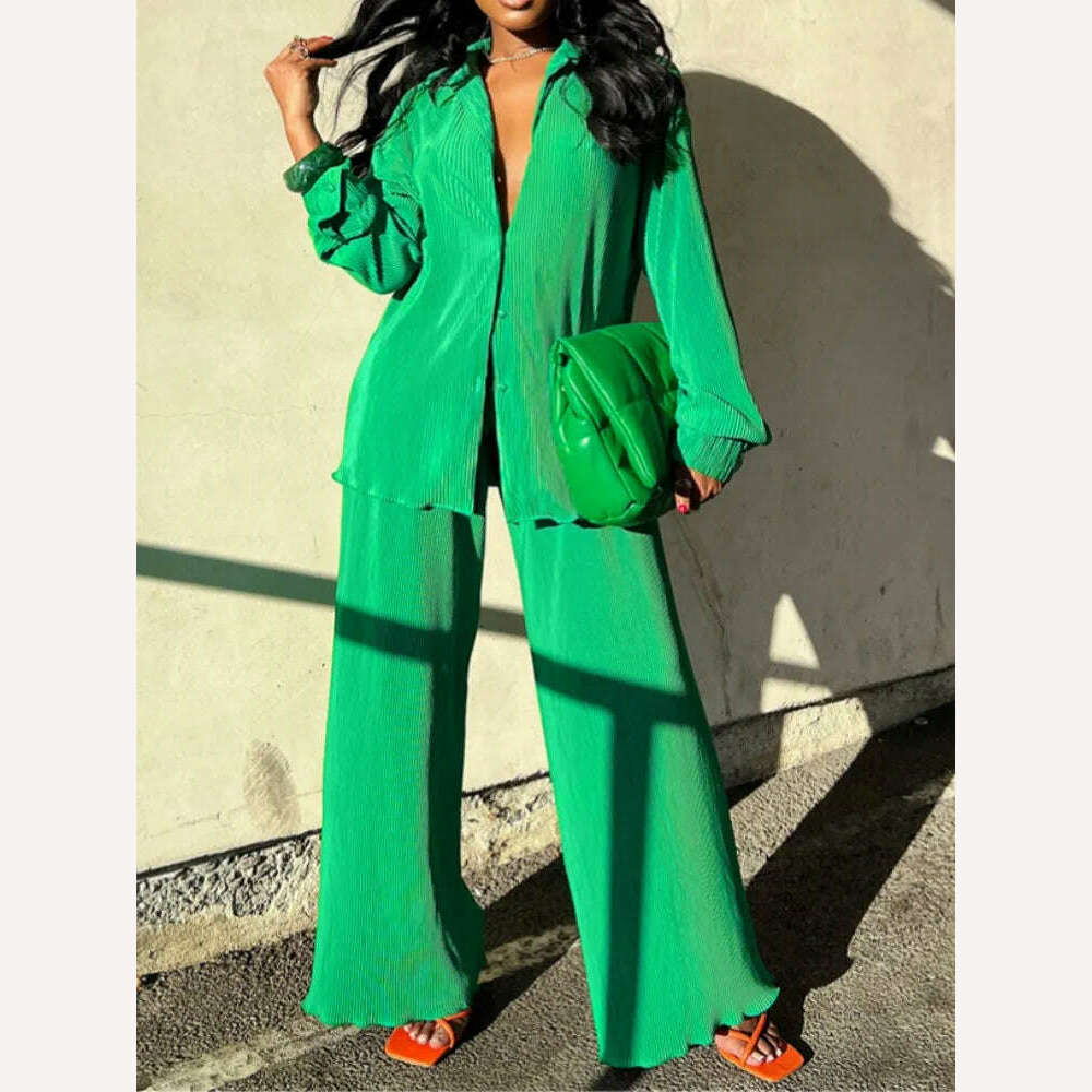 KIMLUD, QFAF Fashion Pleated Women&#39;s Set Long Sleeve Oversized Shirt and Wide Leg Pants 2023 Elegant Tracksuit Two 2 Piece Set Outfits, Green / S, KIMLUD Women's Clothes