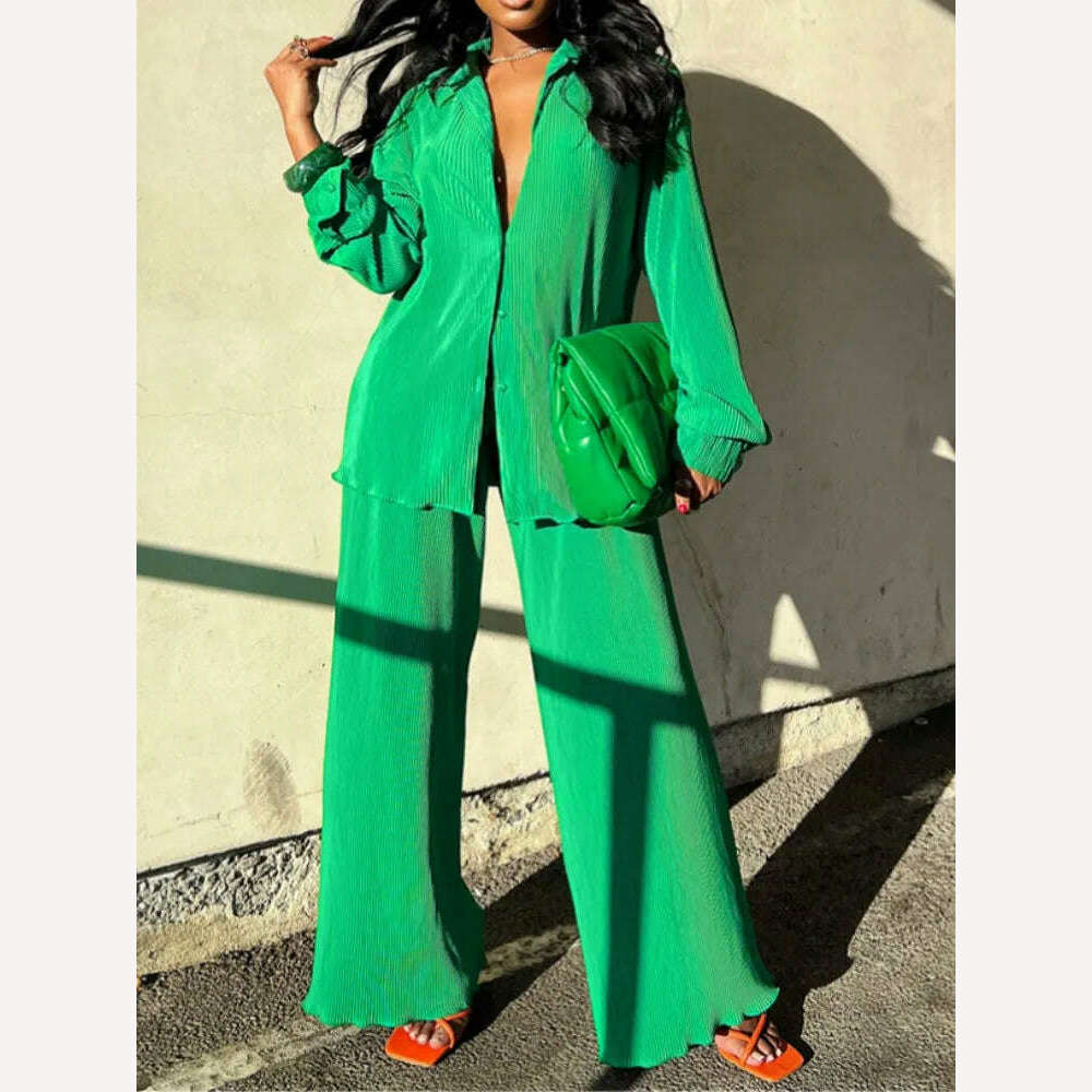 QFAF Fashion Pleated Women&#39;s Set Long Sleeve Oversized Shirt and Wide Leg Pants 2023 Elegant Tracksuit Two 2 Piece Set Outfits - KIMLUD