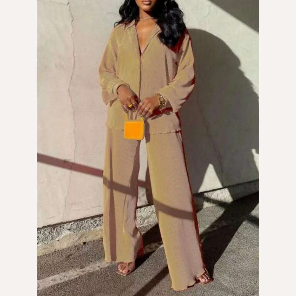 QFAF Fashion Pleated Women&#39;s Set Long Sleeve Oversized Shirt and Wide Leg Pants 2023 Elegant Tracksuit Two 2 Piece Set Outfits - KIMLUD
