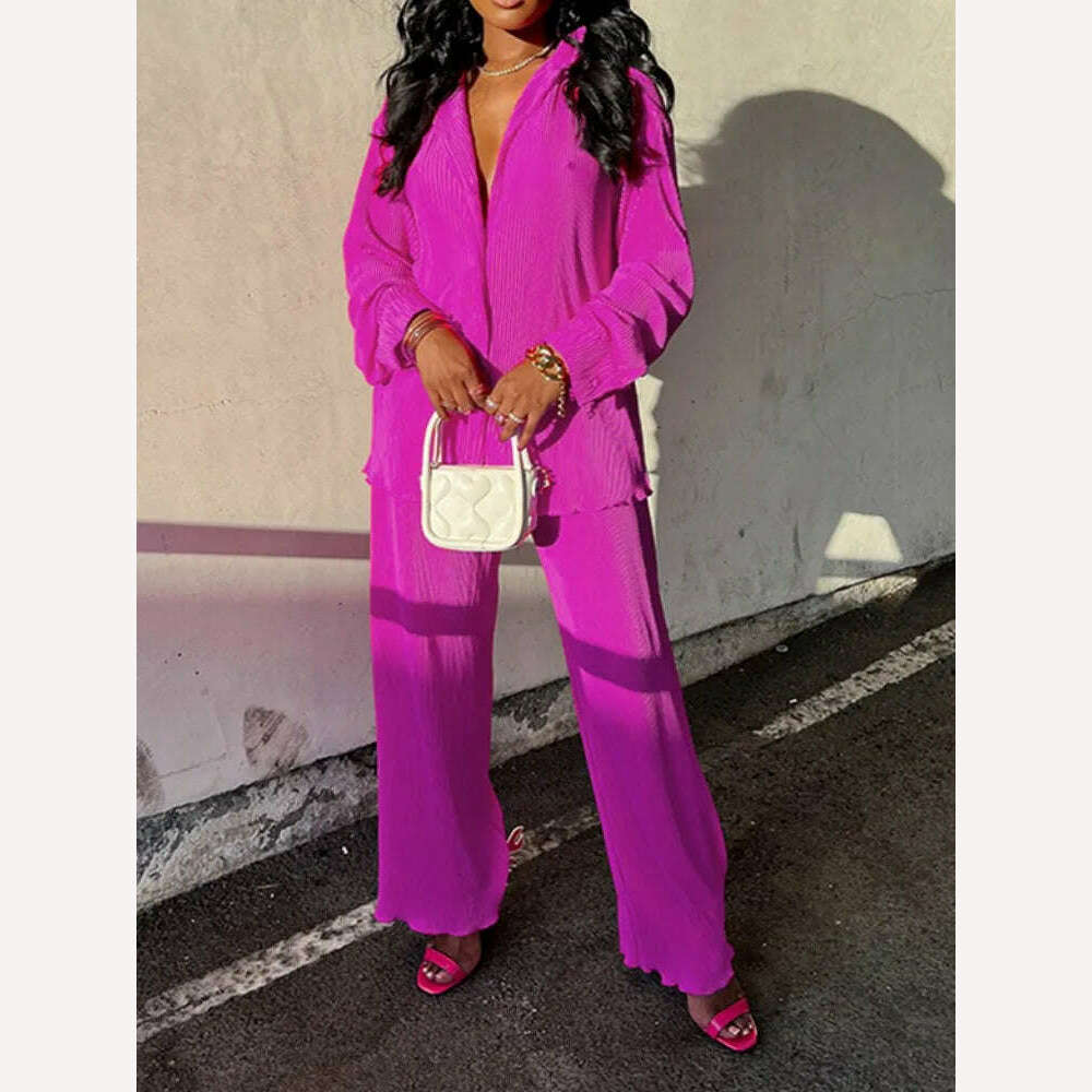 QFAF Fashion Pleated Women&#39;s Set Long Sleeve Oversized Shirt and Wide Leg Pants 2023 Elegant Tracksuit Two 2 Piece Set Outfits - KIMLUD