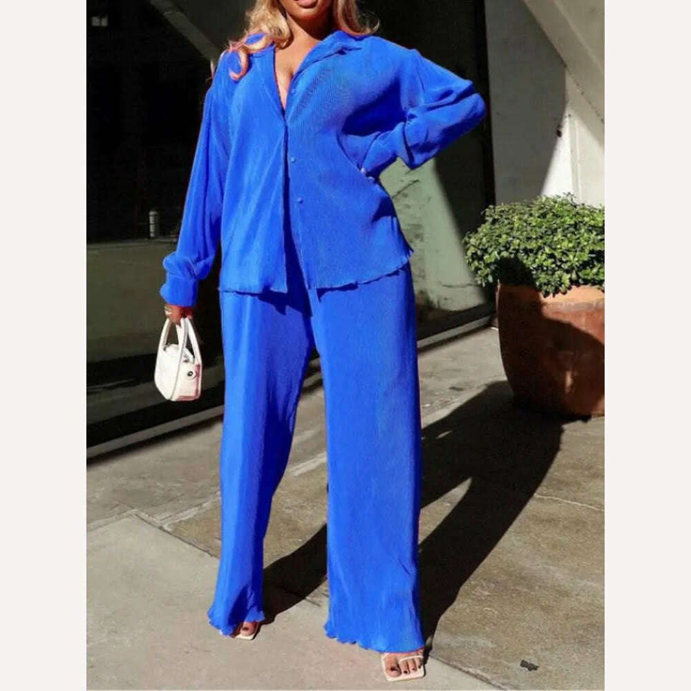 KIMLUD, QFAF Fashion Pleated Women&#39;s Set Long Sleeve Oversized Shirt and Wide Leg Pants 2023 Elegant Tracksuit Two 2 Piece Set Outfits, Blue / S, KIMLUD Womens Clothes