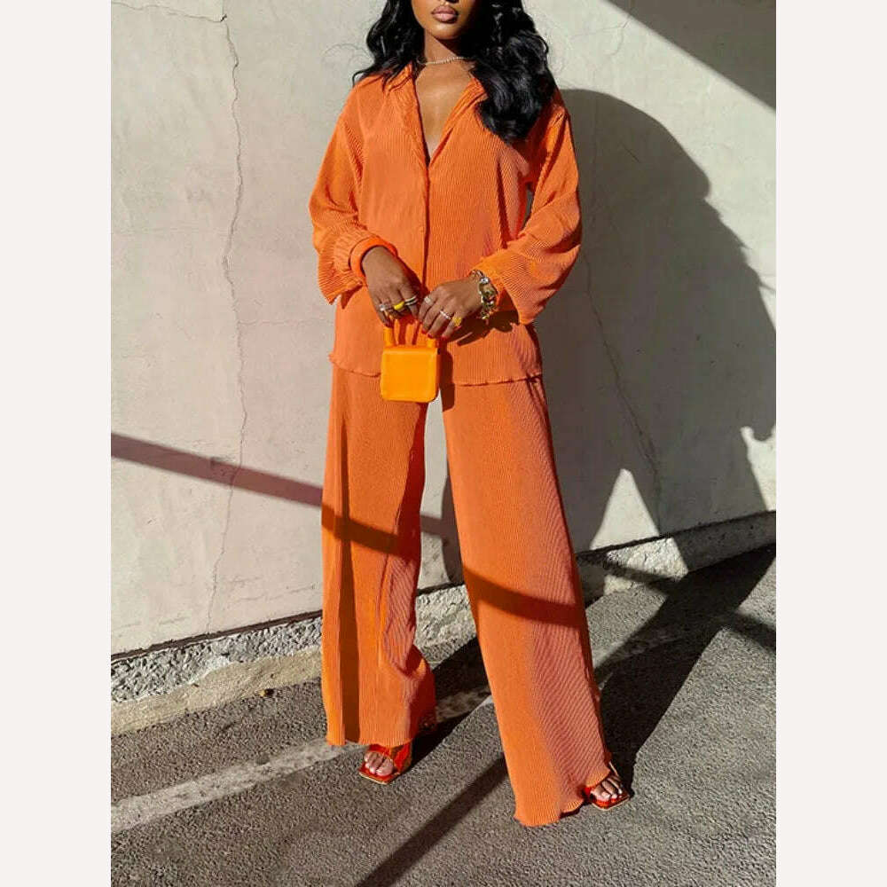 KIMLUD, QFAF Fashion Pleated Women&#39;s Set Long Sleeve Oversized Shirt and Wide Leg Pants 2023 Elegant Tracksuit Two 2 Piece Set Outfits, Orange / S, KIMLUD Womens Clothes