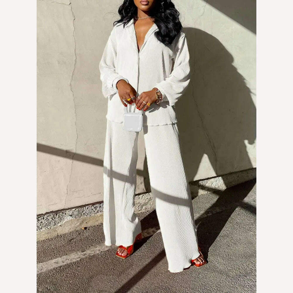 KIMLUD, QFAF Fashion Pleated Women&#39;s Set Long Sleeve Oversized Shirt and Wide Leg Pants 2023 Elegant Tracksuit Two 2 Piece Set Outfits, White / L, KIMLUD Womens Clothes