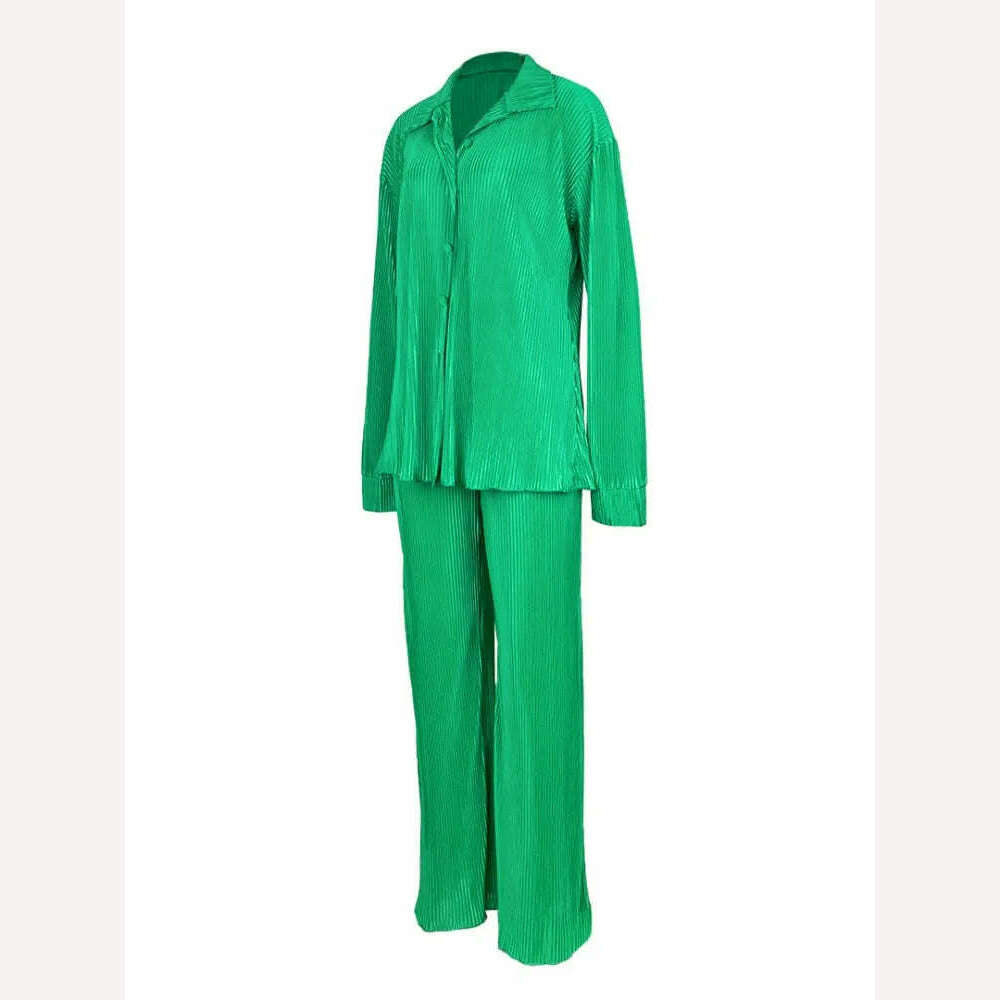QFAF Fashion Pleated Women&#39;s Set Long Sleeve Oversized Shirt and Wide Leg Pants 2023 Elegant Tracksuit Two 2 Piece Set Outfits - KIMLUD