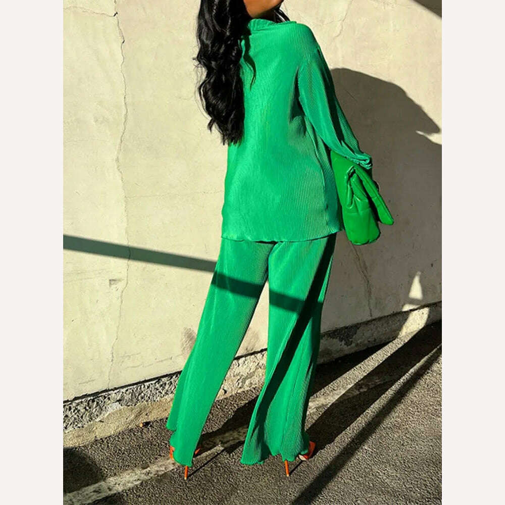QFAF Fashion Pleated Women&#39;s Set Long Sleeve Oversized Shirt and Wide Leg Pants 2023 Elegant Tracksuit Two 2 Piece Set Outfits - KIMLUD